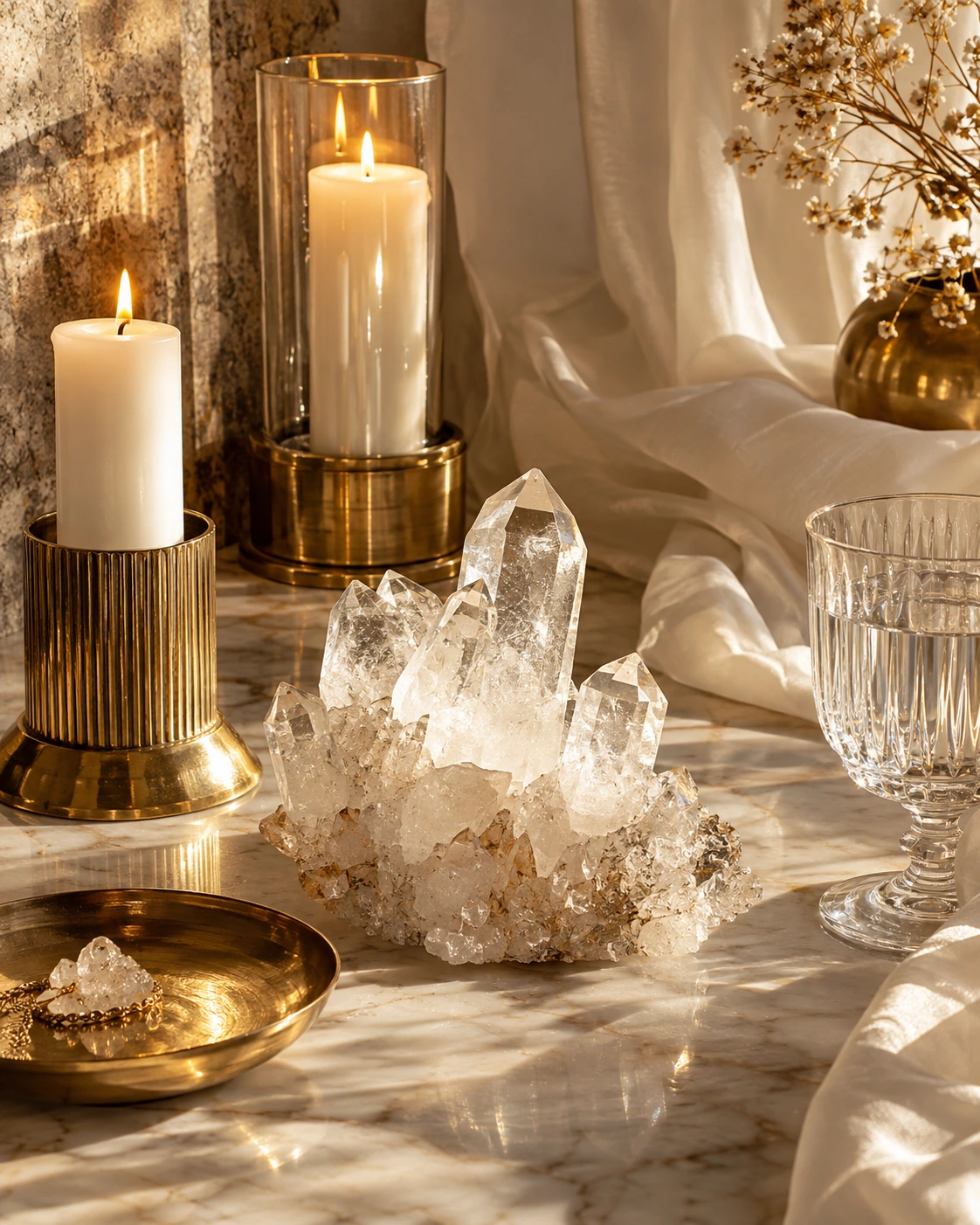 Altar de cuarzos, velas blancas y un vaso de agua con luz dorada